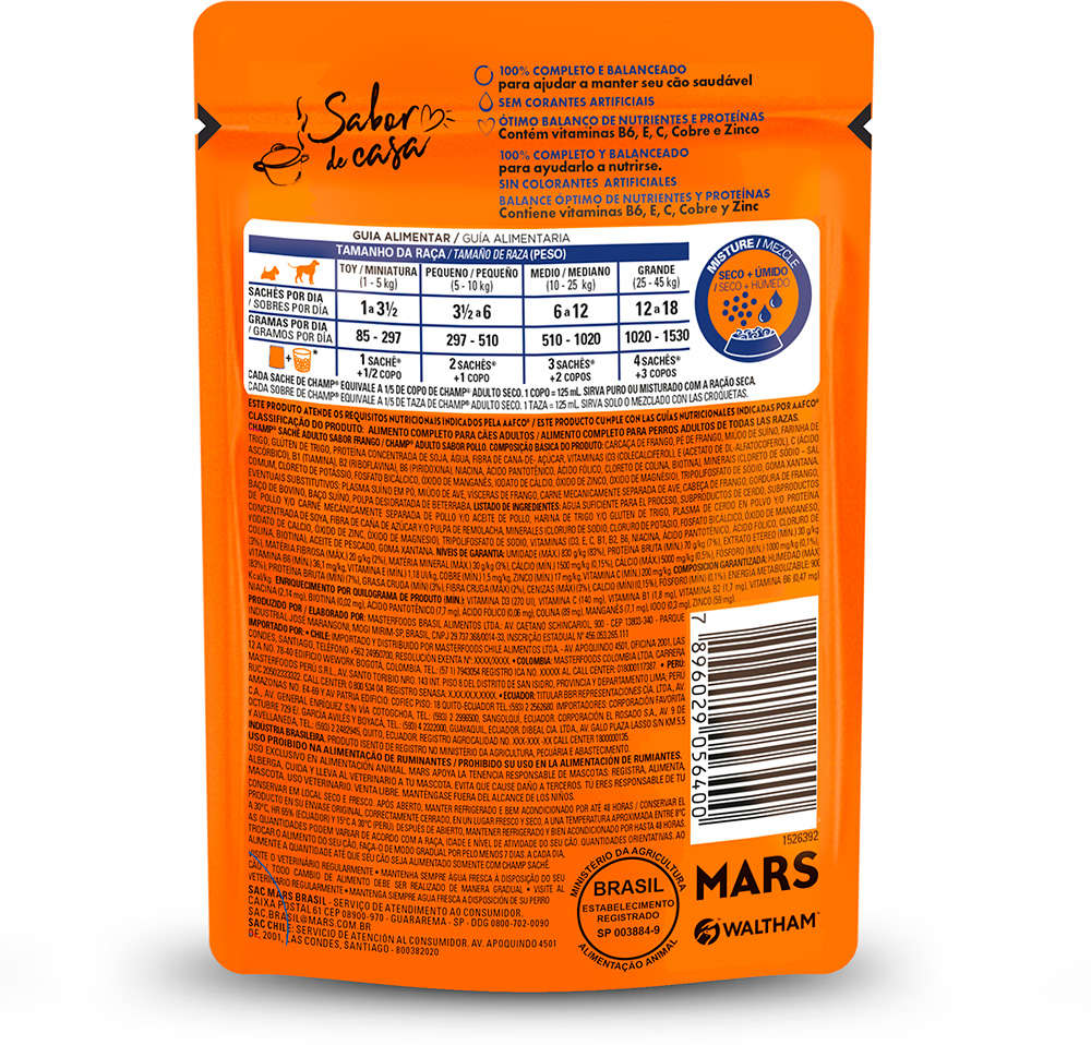 Ração Úmida Champ Sachê Sabor Caseiro Frango para Cães Adultos - 85 g