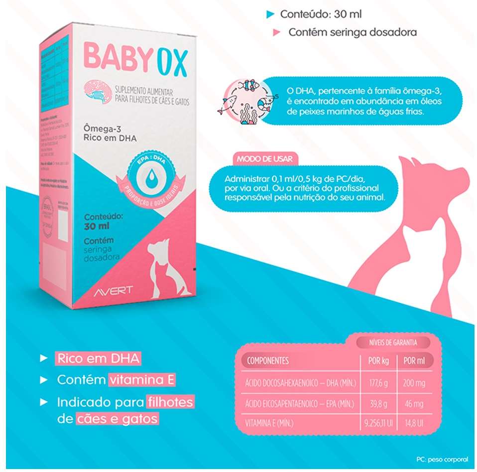 Suplemento Alimentar Avert Baby OX para Cães e Gatos Filhotes - 30 mL