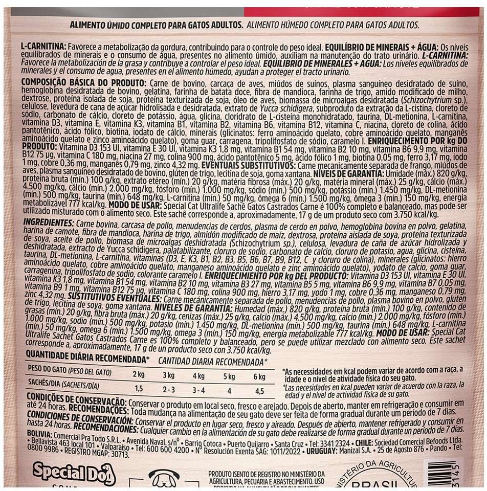 Ração Úmida Special Cat Sachê Carne para Gatos Castrados - 85 g
