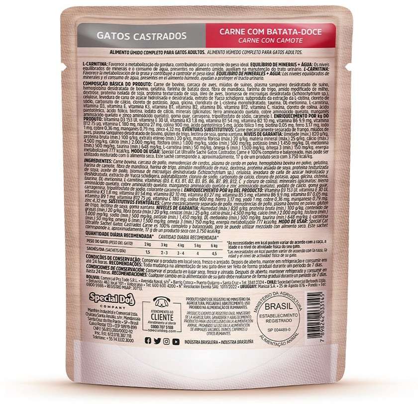 Ração Úmida Special Cat Sachê Carne para Gatos Castrados - 85 g