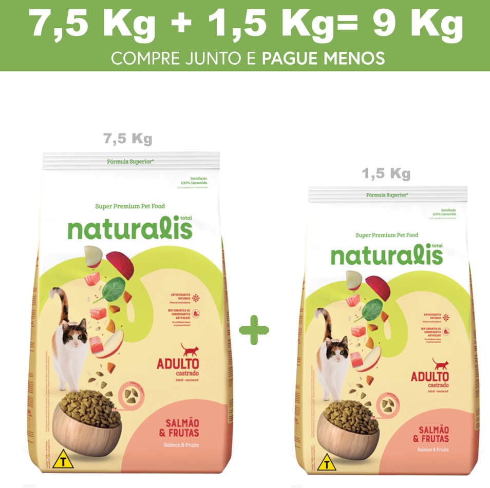 Ração Seca Total Naturalis Salmão e Frutas para Gatos Adultos Castrados - 9Kg