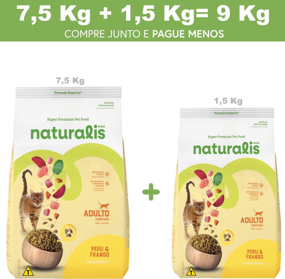 Ração Seca Total Naturalis Peru e Frango para Gatos Adultos Castrados - 9Kg