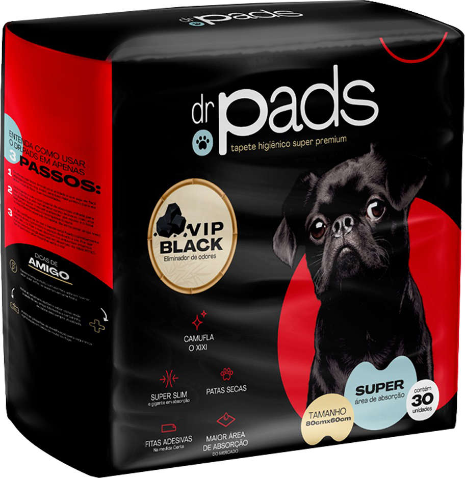 Tapete Higiênico Dr. Pads Super Premium Vip Black 80x60 para Cães - 30 Unidades