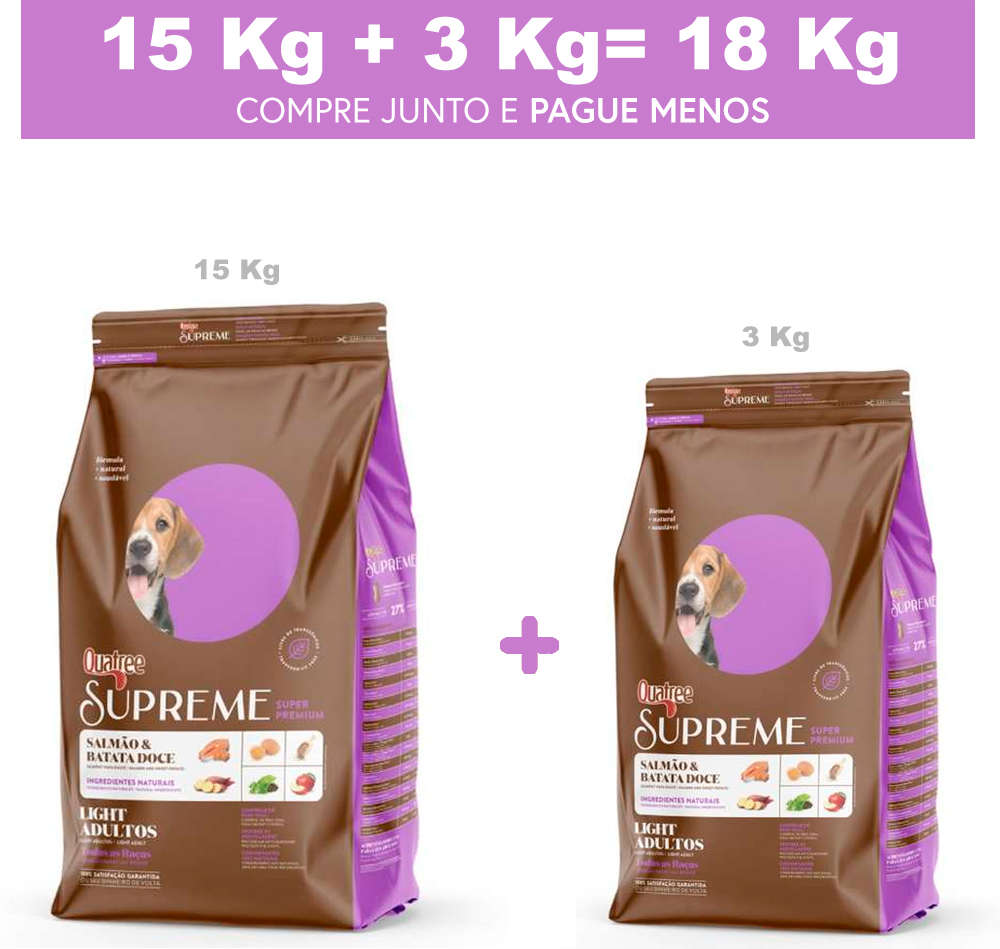 Ração Seca Quatree Supreme Light Salmão e Batata Doce Cães Adultos Todas as Raças - 18Kg