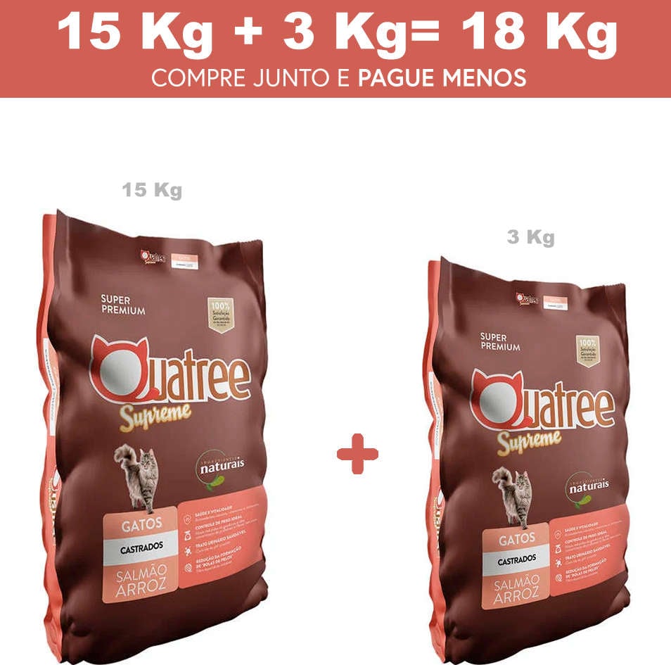 Ração Seca Quatree Supreme Salmão e Arroz Gatos Castrados - 18Kg