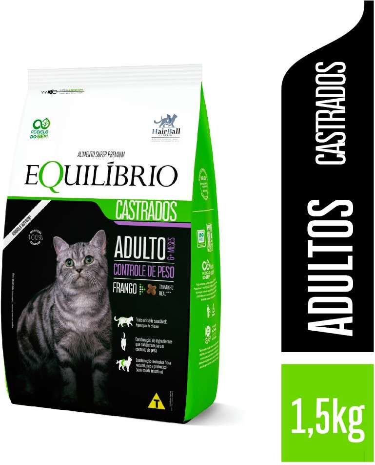 Ração Seca Equilíbrio Frango para Gatos Castrados - 1,5Kg