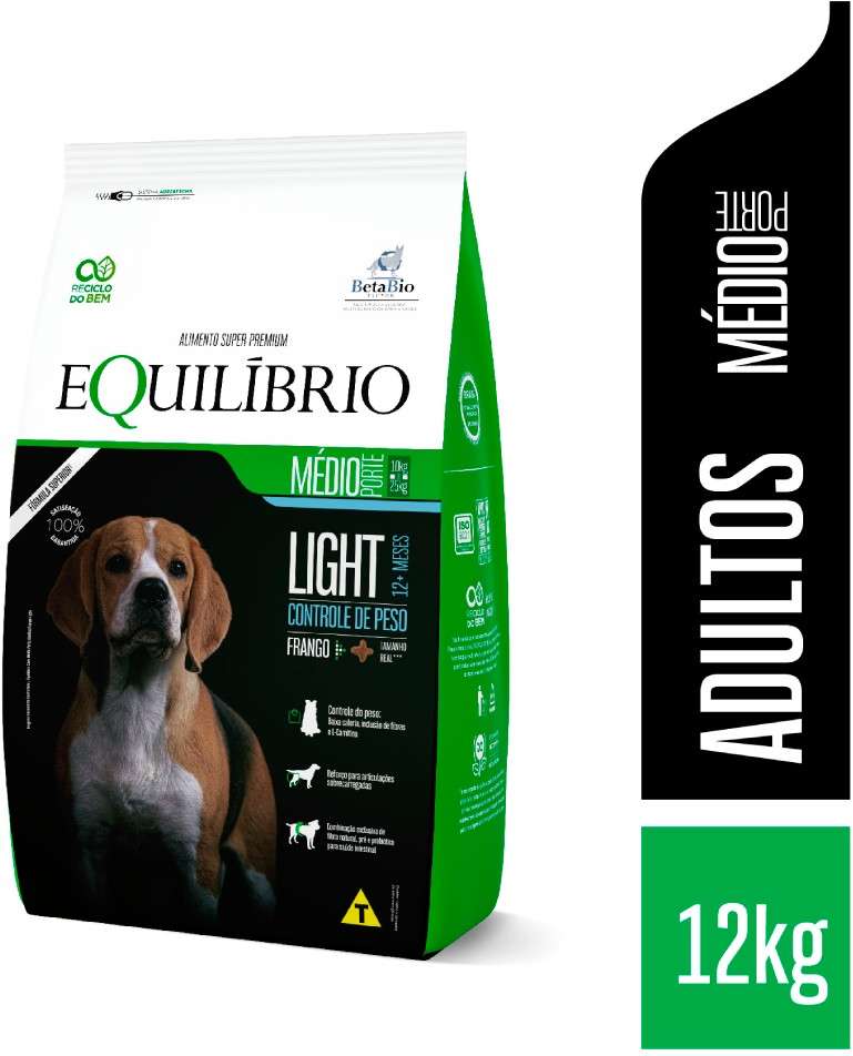 Ração Seca Equilíbrio Light Frango para Cães Adultos de Porte Médio - 12Kg