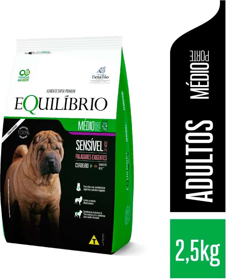 Ração Seca Equilíbrio Sensível Cordeiro para Cães Adultos de Porte Médio - 2,5Kg