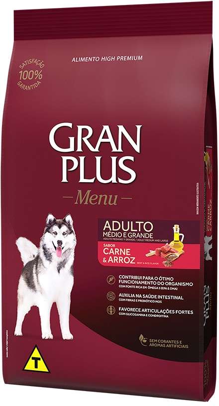 Ração GranPlus Menu Carne e Arroz para Cães Adultos - 20Kg