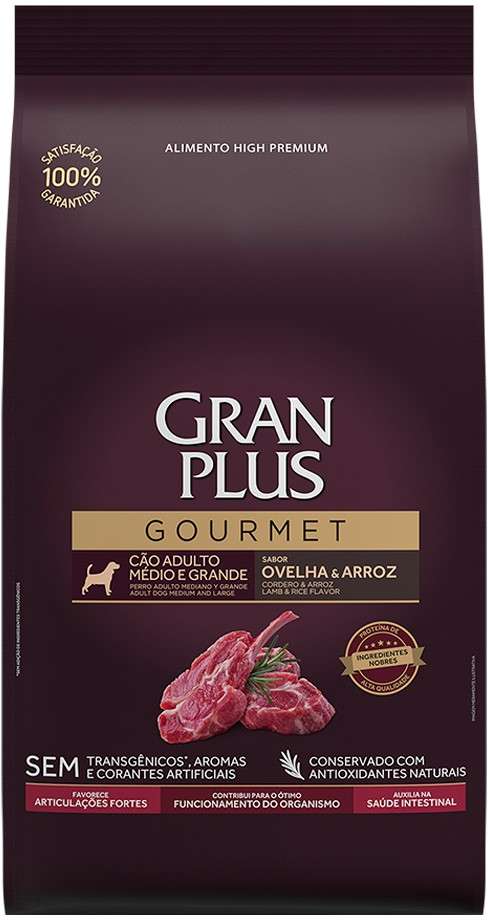 Ração Seca GranPlus Gourmet Ovelha & Arroz para Cães Adultos Raças Médias e Grandes - 15Kg
