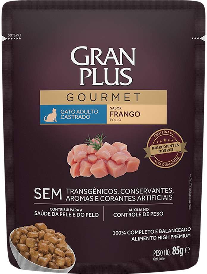 Ração Úmida GranPlus Sachê Gourmet Frango para Gatos Castrados Adultos - 85 g