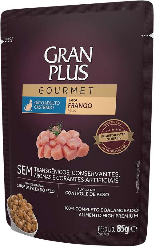 Ração Úmida GranPlus Sachê Gourmet Frango para Gatos Castrados Adultos - 85 g