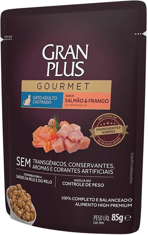 Ração Úmida GranPlus Gourmet Sachê Salmão & Frango para Gatos Castrados - 85 g