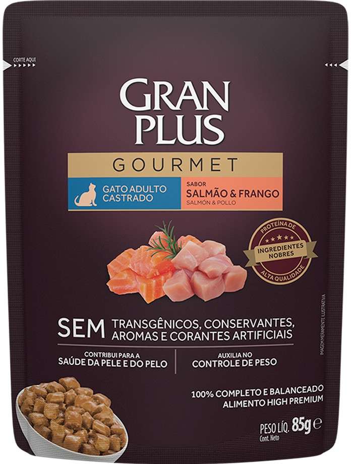 Ração Úmida GranPlus Gourmet Sachê Salmão & Frango para Gatos Castrados - 85 g