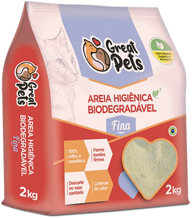 Areia Higiênica Great Pets Biodegradável Fina para Gatos - 2Kg