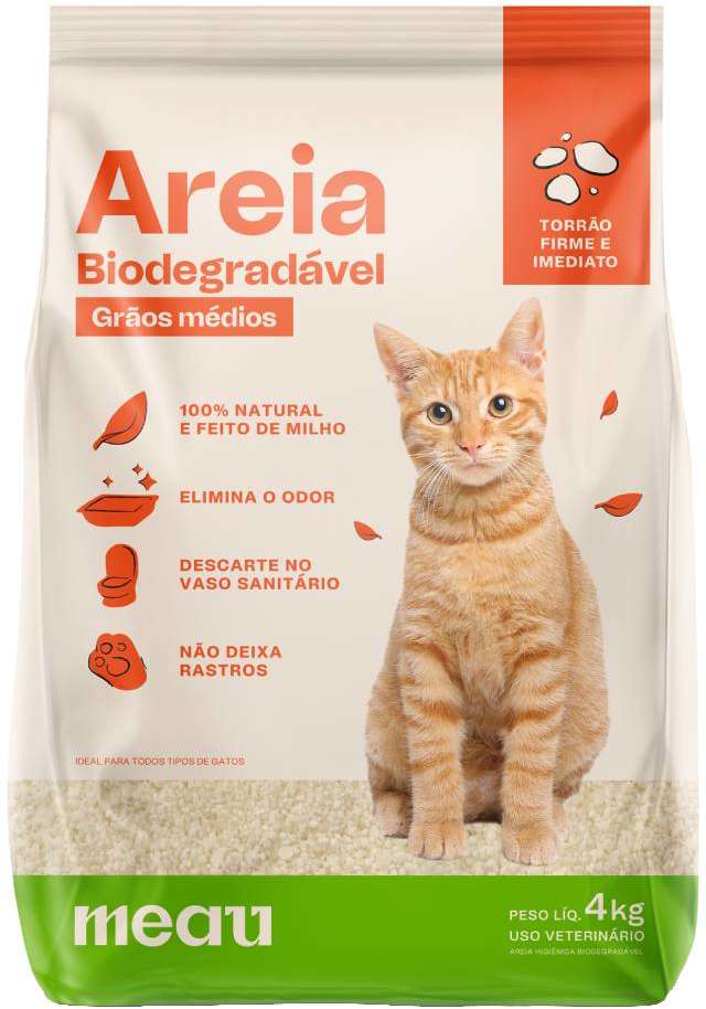 Areia Higiênica Meau Biodegradável Grãos Médios para Gatos - 4Kg