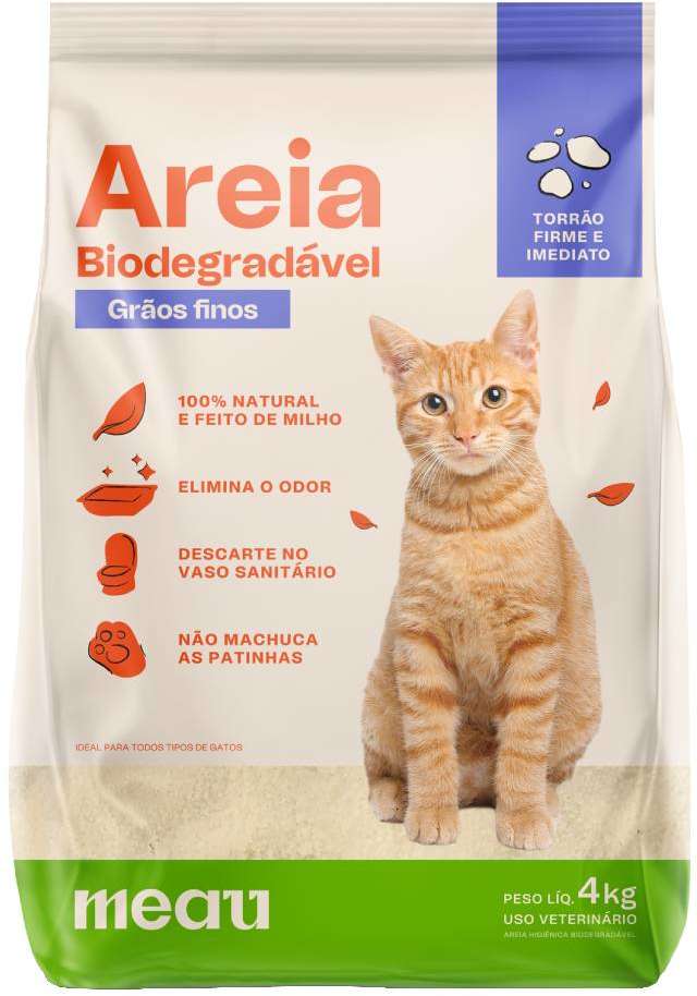 Areia Higiênica Meau Biodegradável Grãos Finos para Gatos - 4Kg