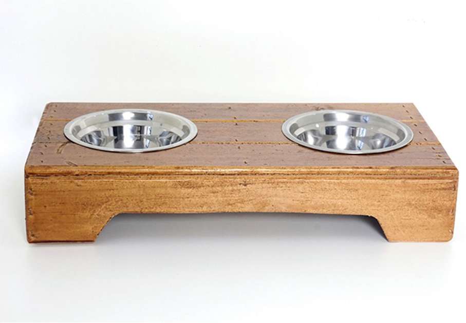 Comedouro Duplo Madeira com Bowl em Inox Modelo 2 - Tam. P