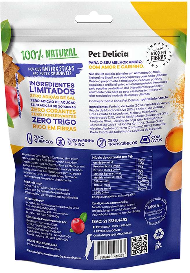 Snack Pet Delícia Petisco Natural para Cães Sabor Blueberry e Cranberry - 120g