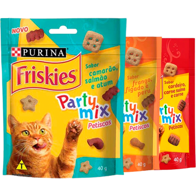 Kit Petisco Purina Friskies para Gatos Adultos Sabores Carne e Cordeiro, Frango e Fígado e Camarão e Atum - 3 Unidades