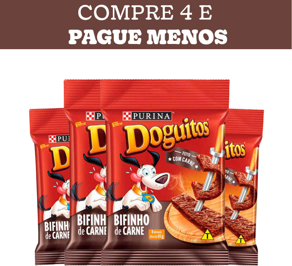 Kit Petisco Purina Doguitos para Cães Sabor Carne 65g - 4 Unidades