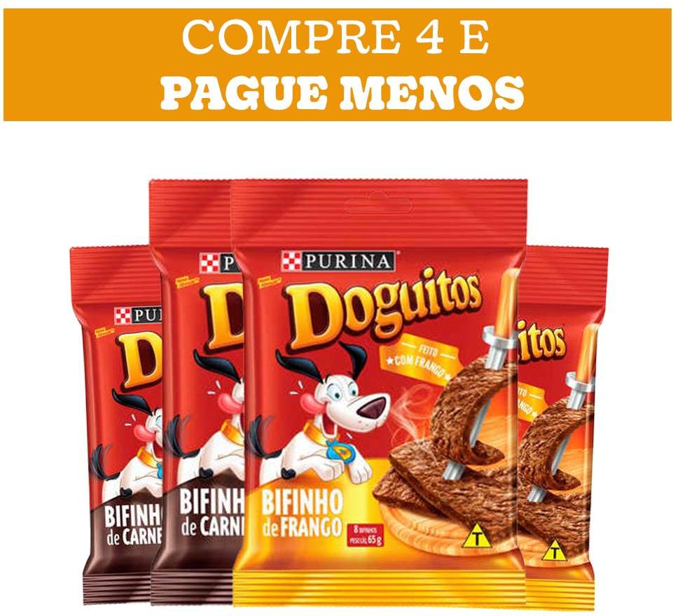 Kit Petisco Purina Doguitos Doguitos para Cães Sabor 2 Carne e 2 Frango 65g - 4 Unidades