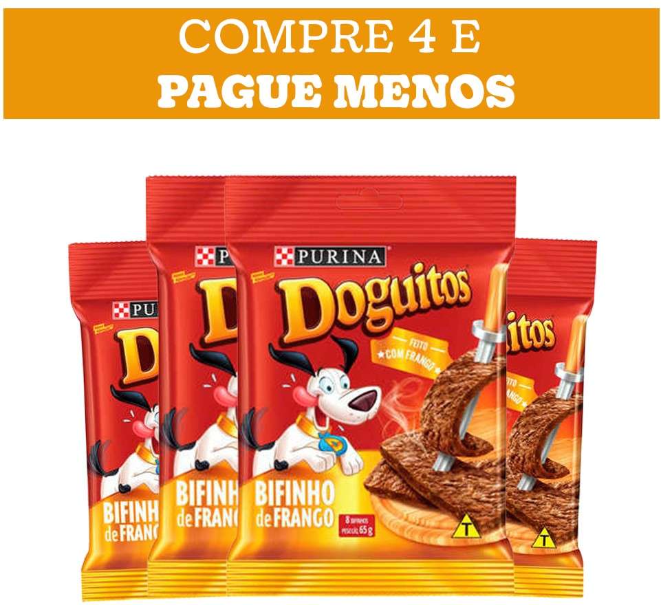 Kit Petisco Purina Doguitos para Cães Sabor Frango 65g - 4 Unidades
