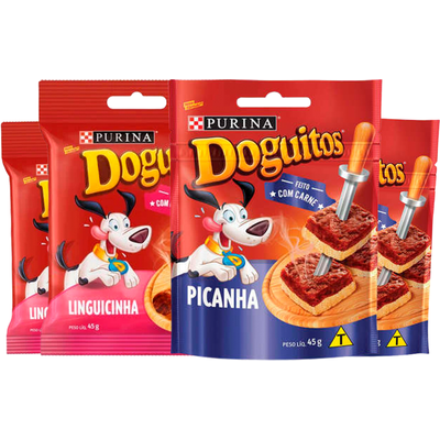 Kit Petisco Purina Doguitos para Cães Sabores Linguiça e Picanha 45g - 4 Unidades