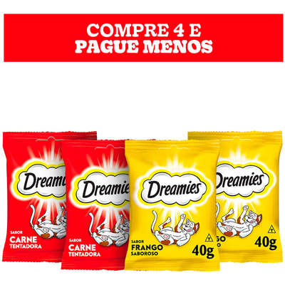 Kit Petisco Dreamies para Gatos Adultos 2 Carne e 2 Frango - 4 Unidades