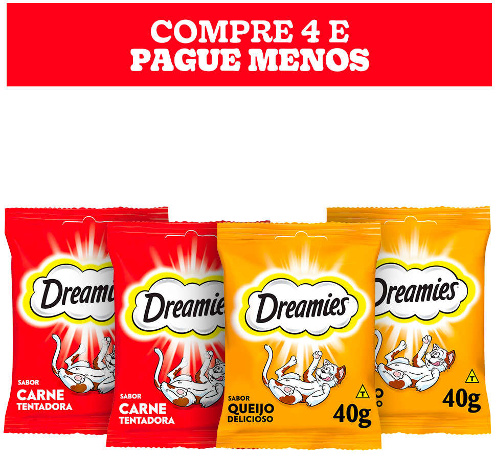 Kit Petisco Dreamies para Gatos Adultos 2 Carne e 2 Queijo - 4 Unidades