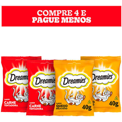 Kit Petisco Dreamies para Gatos Adultos 2 Carne e 2 Queijo - 4 Unidades