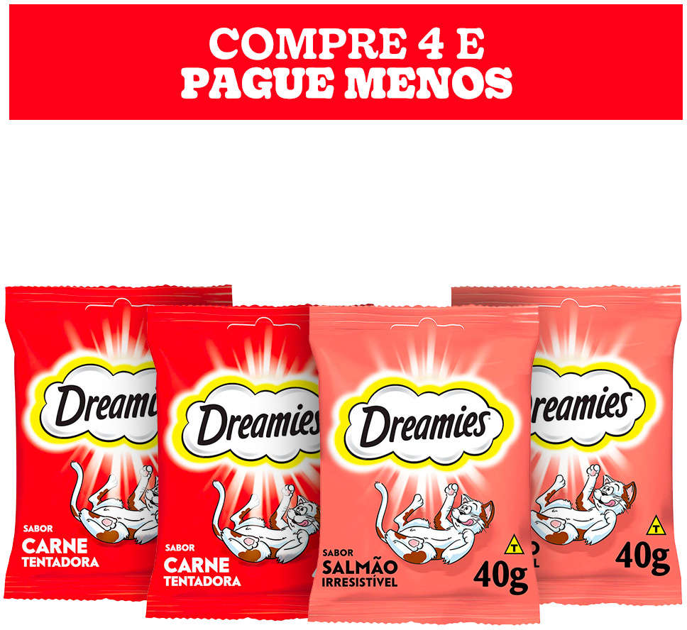Kit Petisco Dreamies para Gatos Adultos 2 Carne e 2 Salmão - 4 Unidades