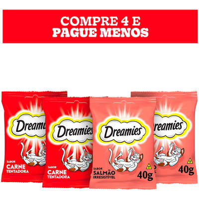 Kit Petisco Dreamies para Gatos Adultos 2 Carne e 2 Salmão - 4 Unidades