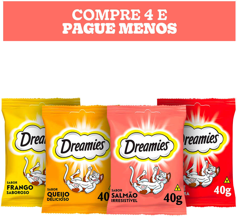 Kit Petisco Dreamies para Gatos Adultos Carne, Frango, Queijo e Salmão - 4 Unidades