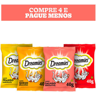 Kit Petisco Dreamies para Gatos Adultos Carne, Frango, Queijo e Salmão - 4 Unidades