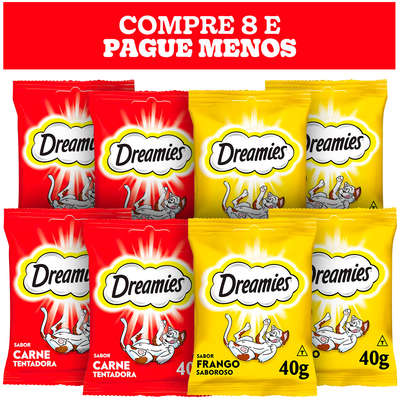 Kit Petisco Dreamies para Gatos Adultos 4 Carne e 4 Frango