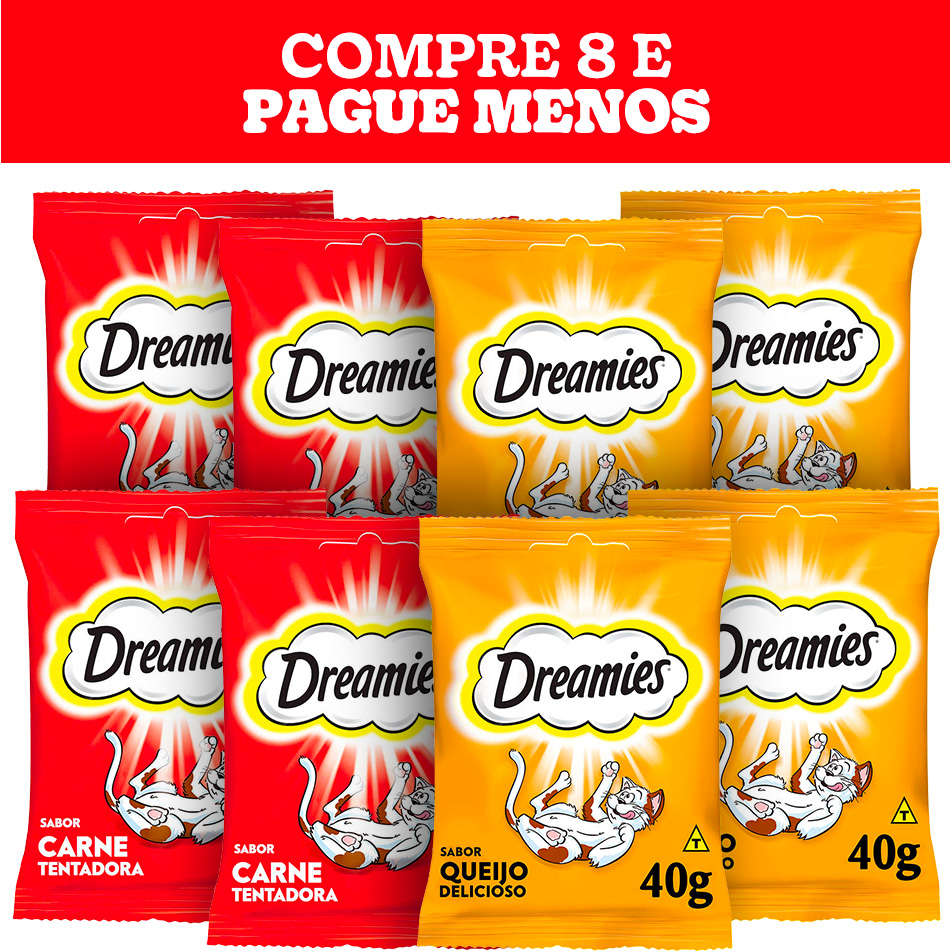 Kit Petisco Dreamies para Gatos Adultos 4 Carne e 4 Queijo - 8 Unidades