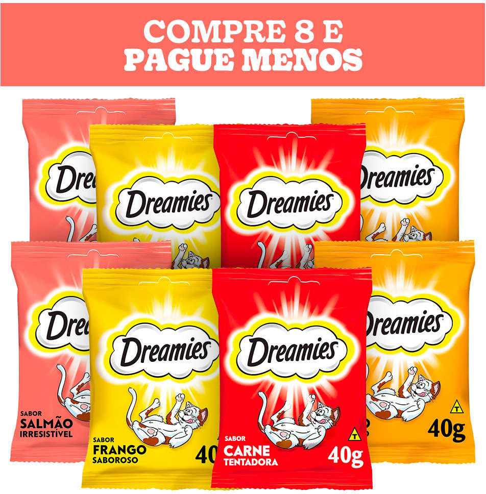 Kit Petisco Dreamies para Gatos Adultos Carne, Frango, Queijo e Salmão - 8 Unidades