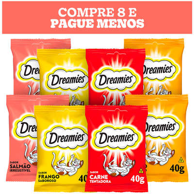 Kit Petisco Dreamies para Gatos Adultos Carne, Frango, Queijo e Salmão - 8 Unidades