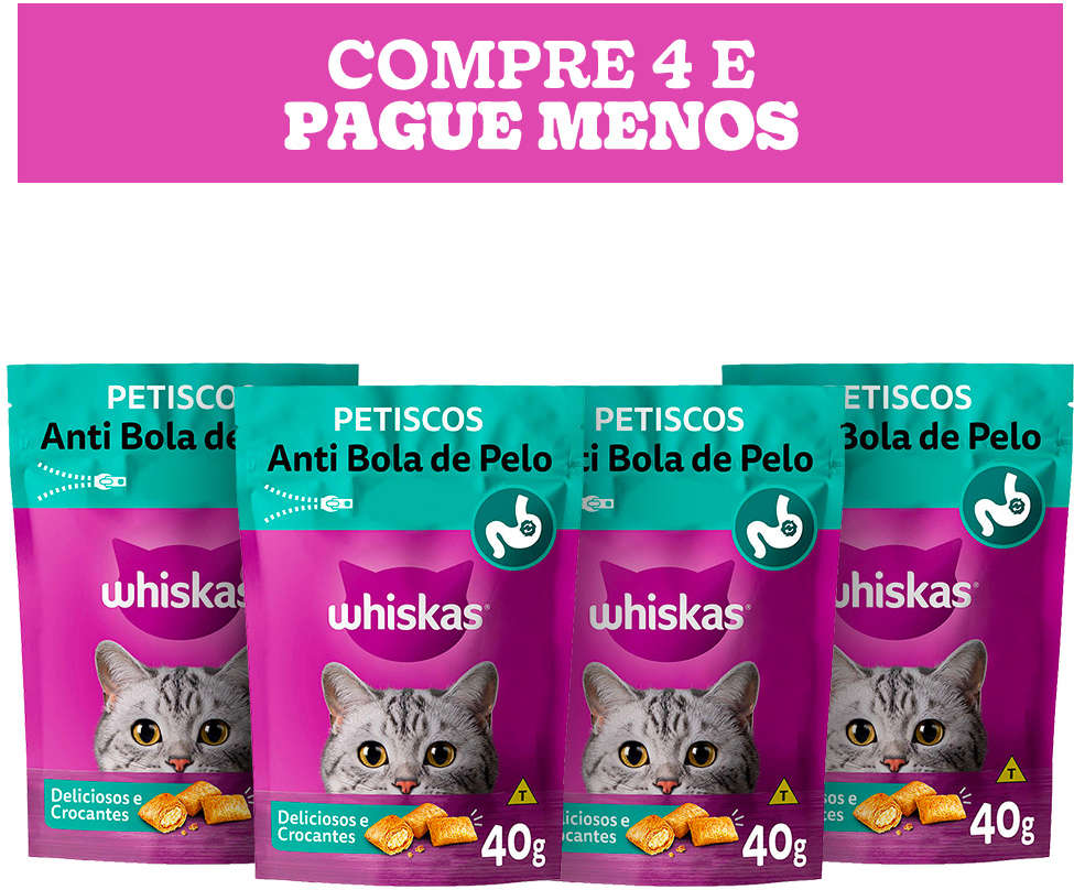 Kit Petisco Whiskas Temptations Anti Bola de Pelo Para Gatos Adultos - 4 Pacotes (40 g)