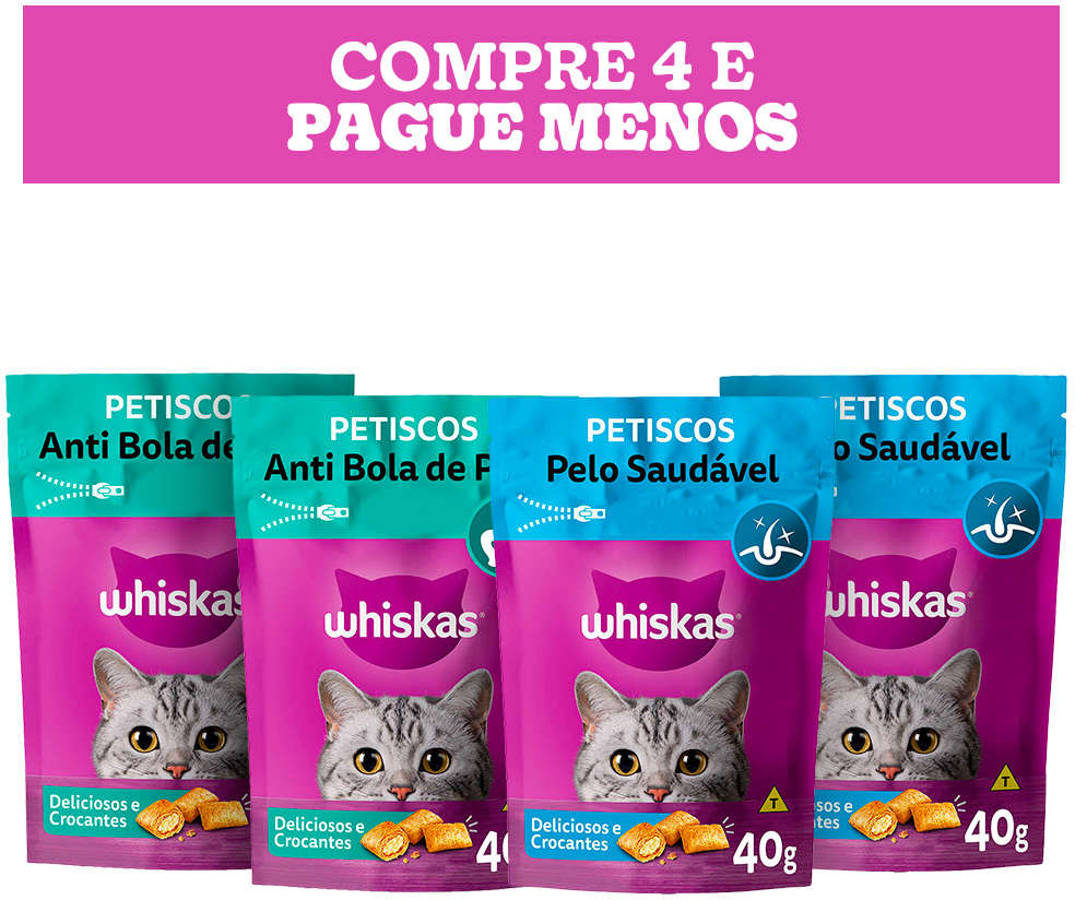Kit Petisco Whiskas Temptations 2 Und. Pelo Saudável e 2 Und. Anti Bola de Pelo Para Gatos Adultos - 4 Unidades