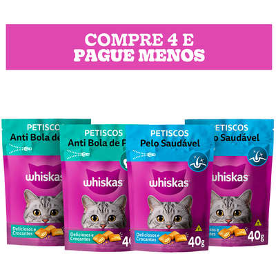 Kit Petisco Whiskas Temptations 2 Und. Pelo Saudável e 2 Und. Anti Bola de Pelo Para Gatos Adultos - 4 Unidades