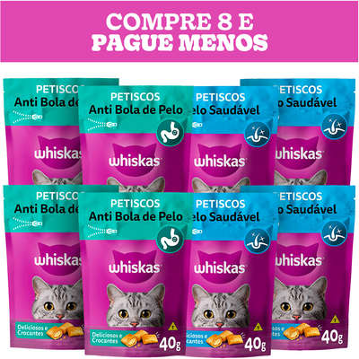 Kit Petisco Whiskas Temptations 4 Und. Pelo Saudável e 4 Und. Anti Bola de Pelo Para Gatos Adultos - 8 Unidades