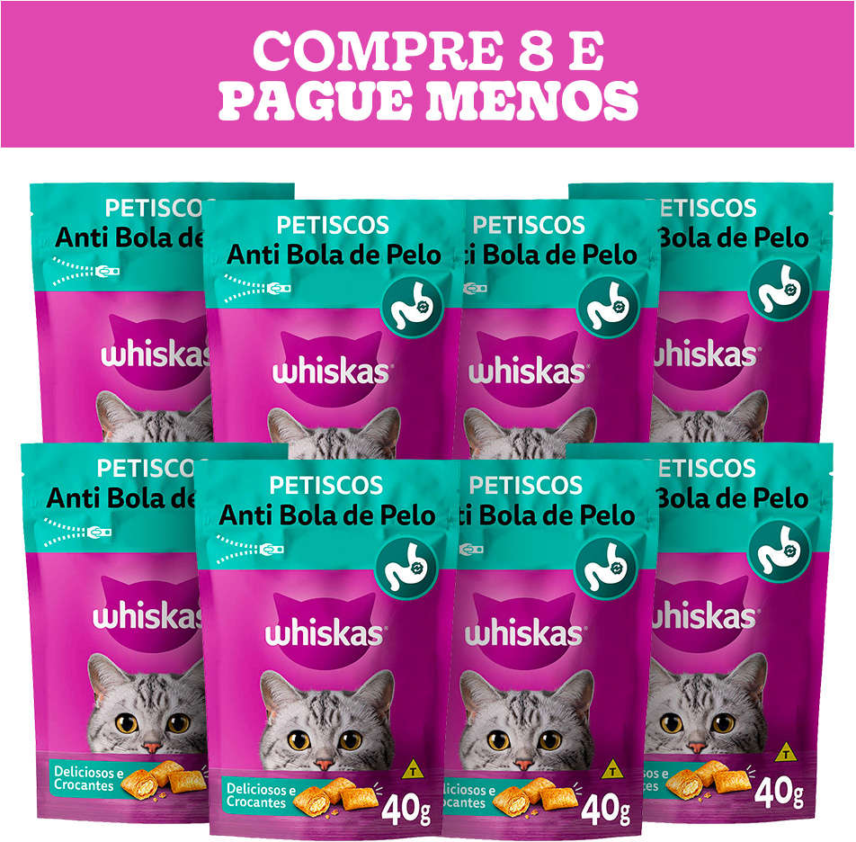 Kit Petisco Whiskas Temptations Anti Bola de Pelo Para Gatos Adultos - 8 Pacotes (40 g)