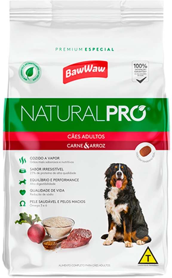 Ração Seca Baw Waw Natural Pro Carne e Arroz para Cães Adultos - 15Kg