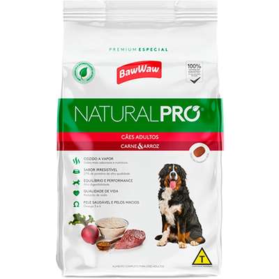 Ração Seca Baw Waw Natural Pro Carne e Arroz para Cães Adultos