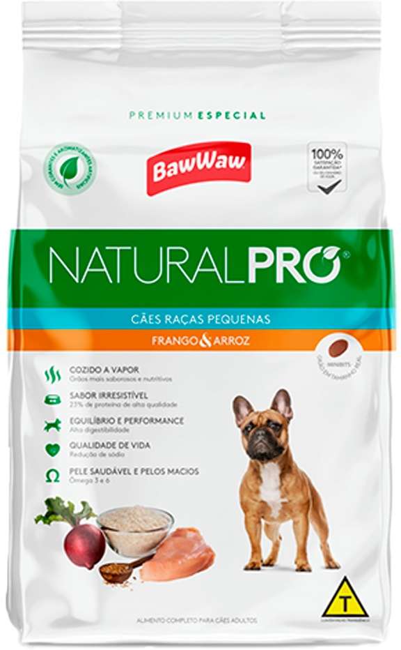 Ração Seca Baw Waw Natural Pro Frango e Arroz para Cães Adultos Porte Pequeno - 10,1Kg