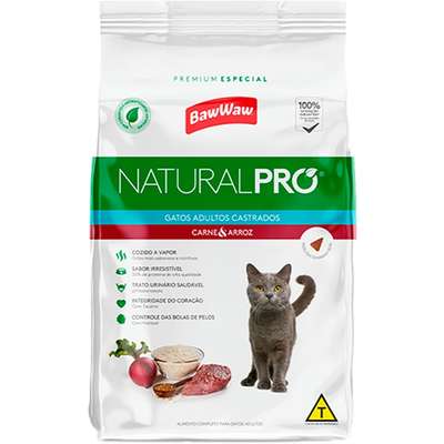 Ração Seca Baw Waw Natural Pro Carne e Arroz para Gatos Castrados