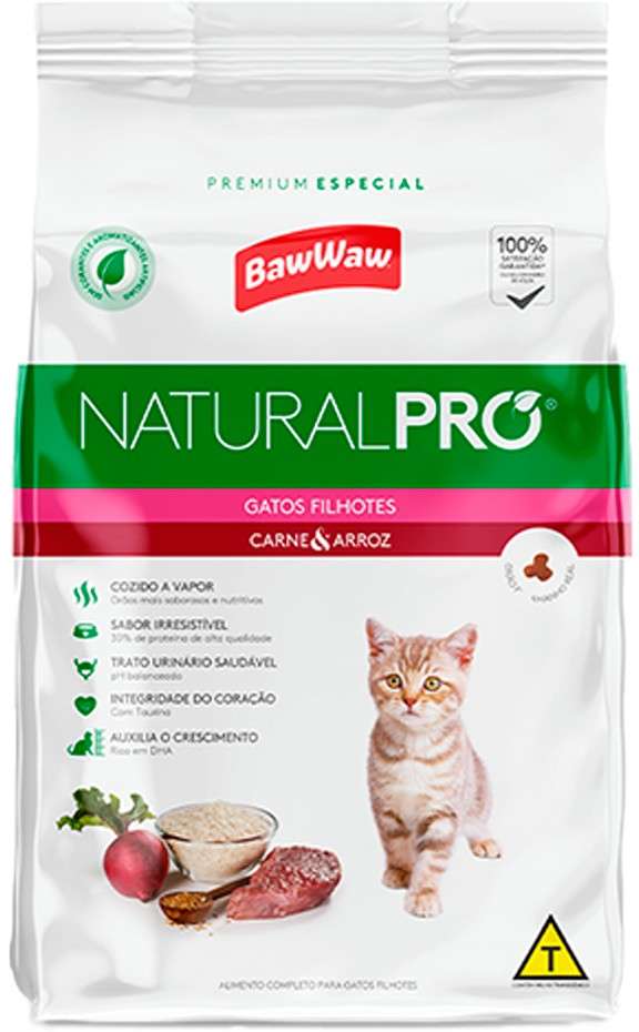 Ração Seca Baw Waw Natural Pro Carne e Arroz para Gatos Filhotes - 1Kg