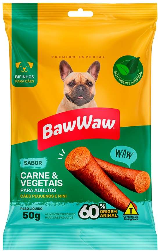 Bifinho Baw Waw para Cães Adultos Porte Pequeno Sabor Carne e Vegetais - 50 g